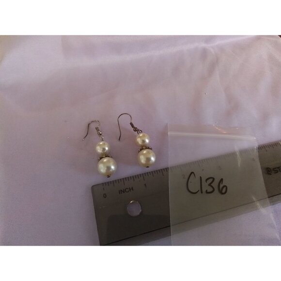 Vintage Faux Pearl Dangle Earrings With Silver Tone Accents - Picture 3 of 3